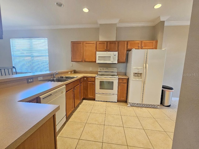 kitchen with crown molding, sink, light tile patterned floors, and white appliances