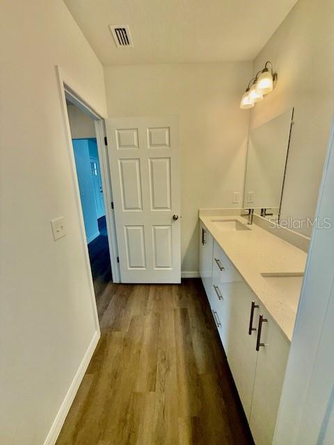 bathroom with hardwood / wood-style floors and vanity