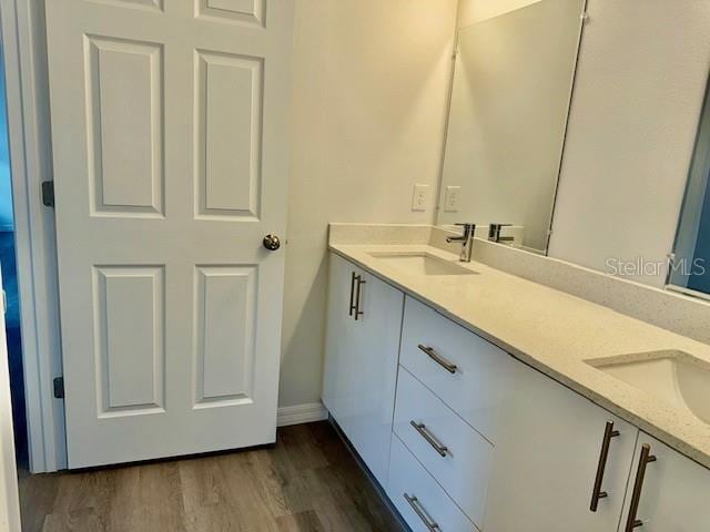 bathroom featuring hardwood / wood-style flooring and vanity