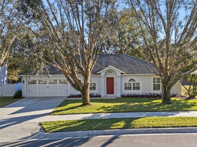 ranch-style home with a front lawn and a garage