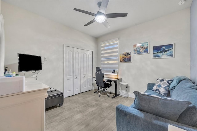 office area featuring ceiling fan and light hardwood / wood-style flooring