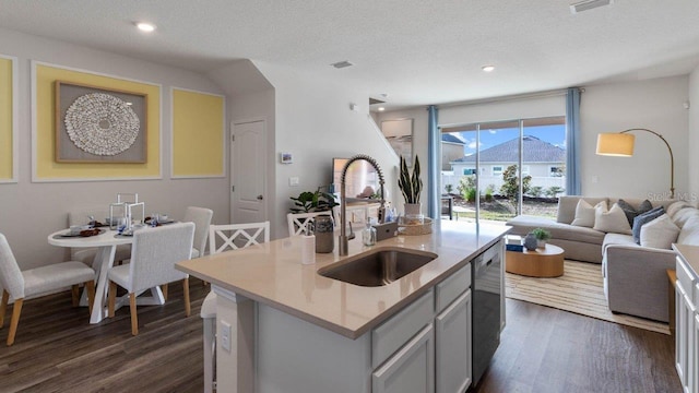 kitchen with sink, stainless steel dishwasher, dark hardwood / wood-style floors, a textured ceiling, and a center island with sink