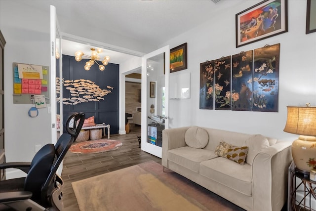 interior space featuring a chandelier and dark wood-type flooring