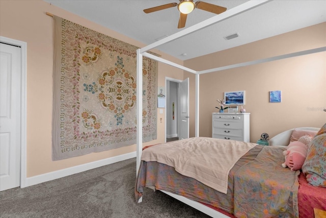 carpeted bedroom featuring ceiling fan