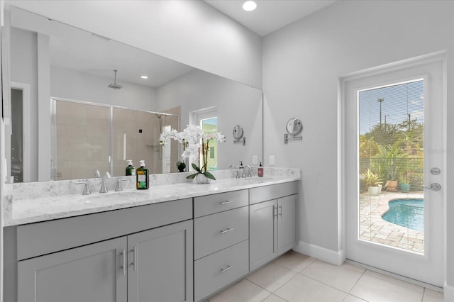 bathroom with plenty of natural light, a shower with shower door, and vanity