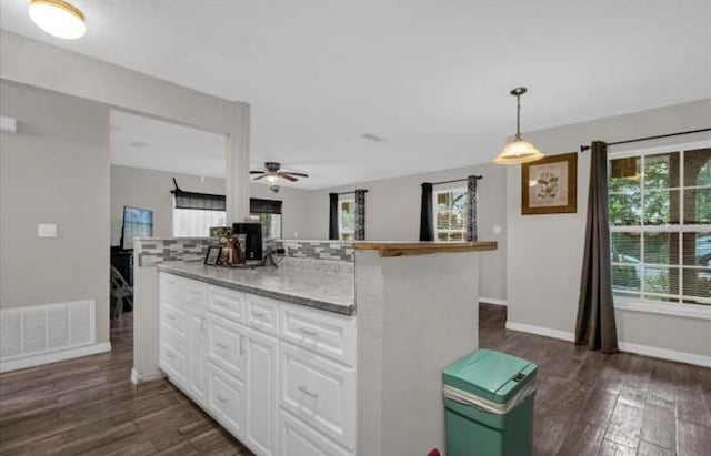 kitchen with tasteful backsplash, light stone counters, dark hardwood / wood-style floors, pendant lighting, and white cabinets