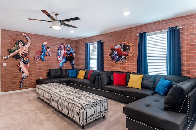 living room with light colored carpet and brick wall