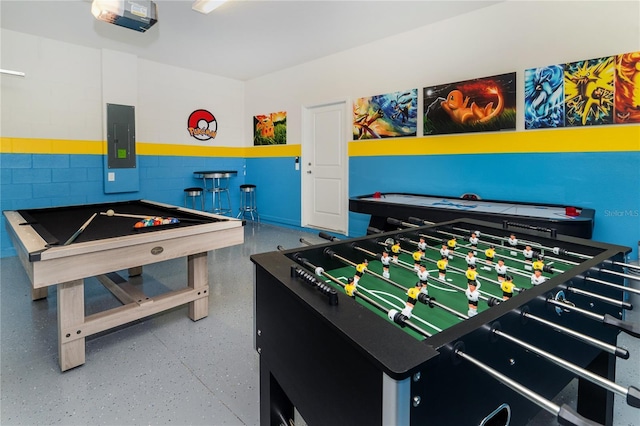 rec room featuring electric panel and pool table