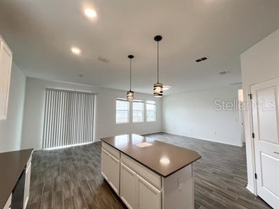 kitchen with pendant lighting, dark hardwood / wood-style flooring, a center island, and white cabinets