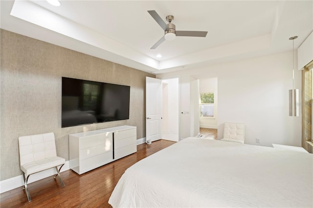 bedroom featuring a raised ceiling, ceiling fan, and dark wood-type flooring