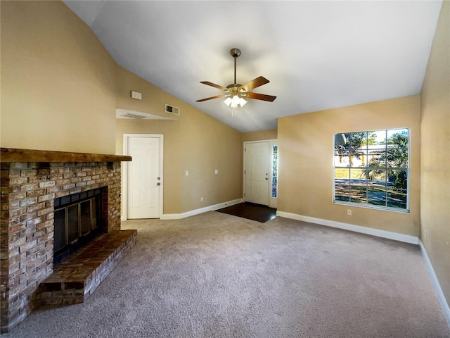 unfurnished living room with carpet, a fireplace, ceiling fan, and lofted ceiling