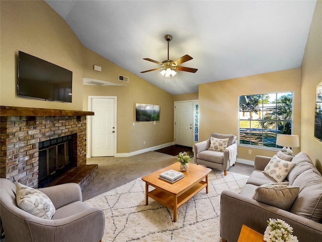 living room with ceiling fan, a fireplace, light carpet, and lofted ceiling