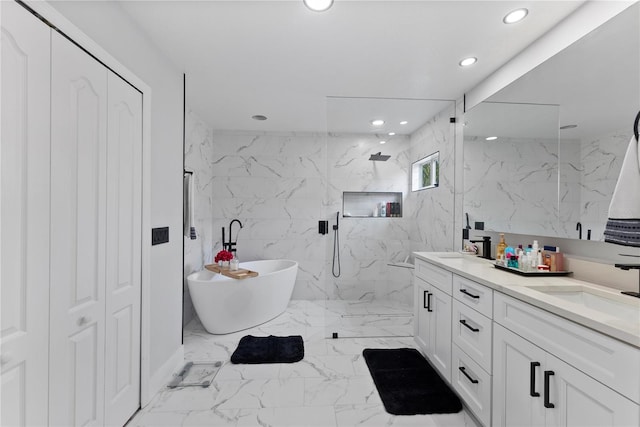 bathroom with vanity, tile walls, and plus walk in shower