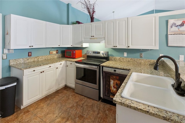 kitchen featuring dishwasher, lofted ceiling, stainless steel range with electric cooktop, sink, and white cabinetry