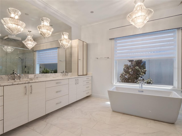 bathroom with a notable chandelier, vanity, crown molding, and independent shower and bath