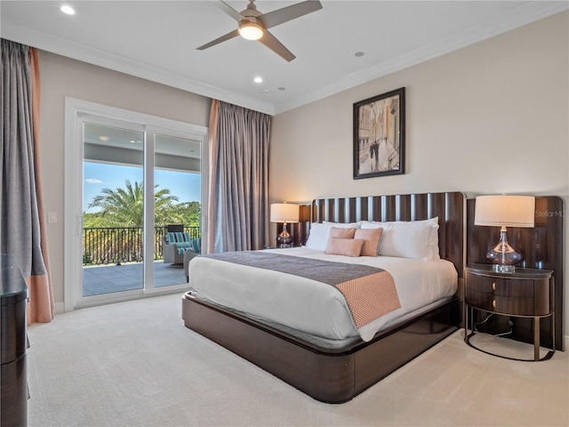 carpeted bedroom with ceiling fan, ornamental molding, and access to outside