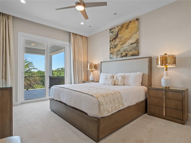 bedroom featuring access to exterior, light colored carpet, ceiling fan, and crown molding