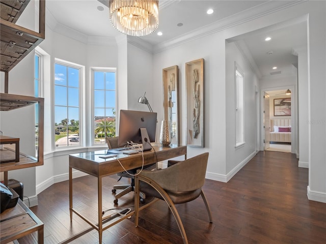 home office with a notable chandelier, dark hardwood / wood-style flooring, and crown molding