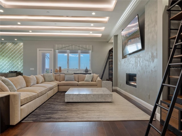 living room with a raised ceiling, a large fireplace, crown molding, and dark wood-type flooring