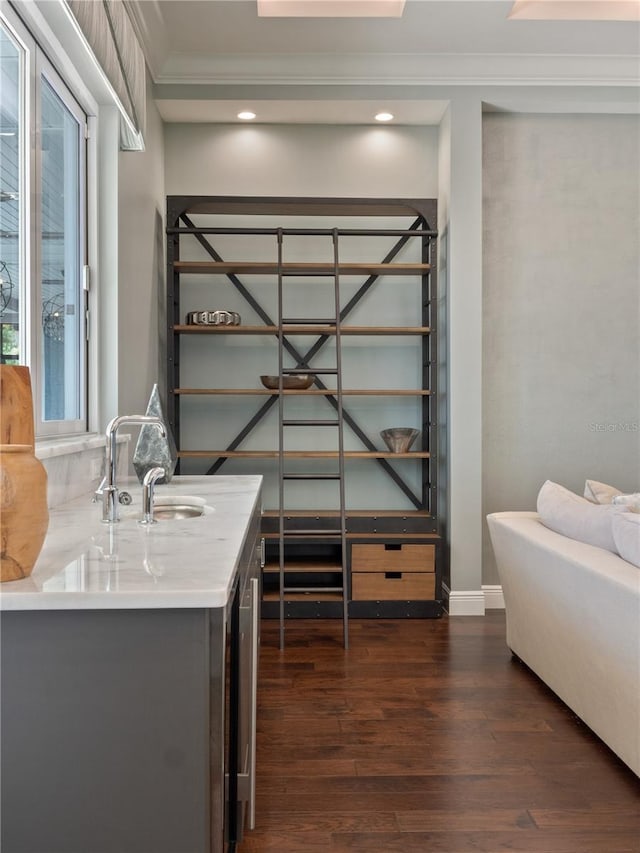 interior space with crown molding, hardwood / wood-style floors, and vanity