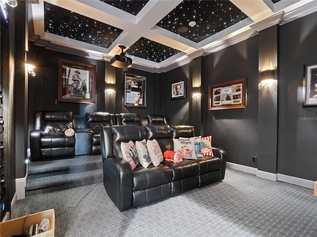 carpeted cinema room with beamed ceiling, ornamental molding, and coffered ceiling