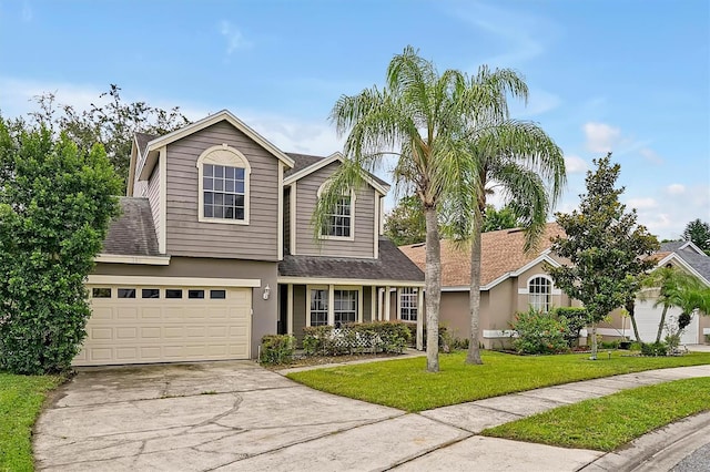 view of front of home featuring a front yard and a garage