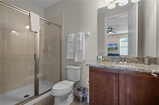 bathroom with vanity, tile patterned floors, ceiling fan, toilet, and an enclosed shower