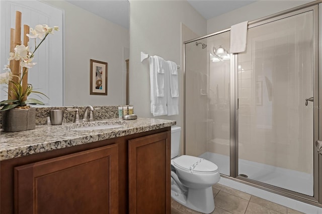 bathroom featuring tile patterned flooring, vanity, toilet, and an enclosed shower