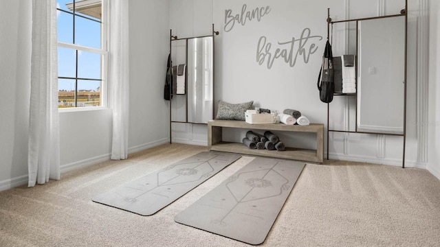 mudroom featuring light colored carpet