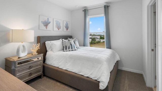 bedroom with dark colored carpet