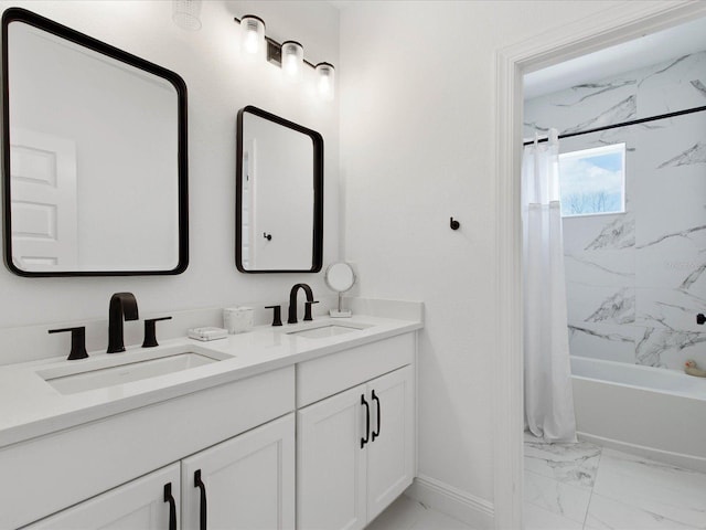 bathroom featuring vanity and shower / bathtub combination with curtain