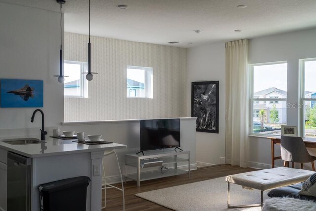 living room with dark wood-type flooring and sink