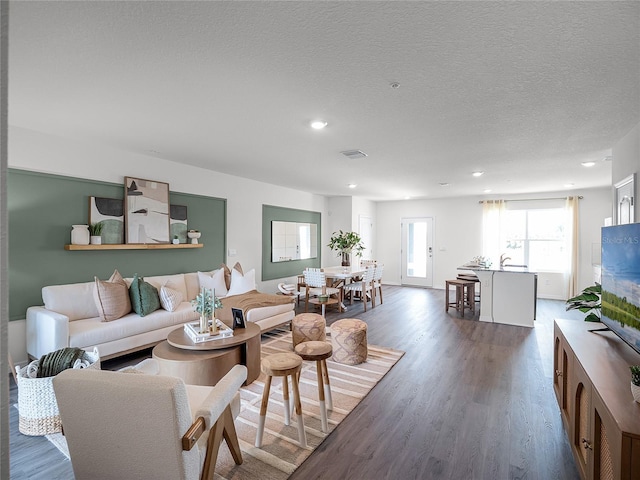 living room with dark hardwood / wood-style floors and a textured ceiling