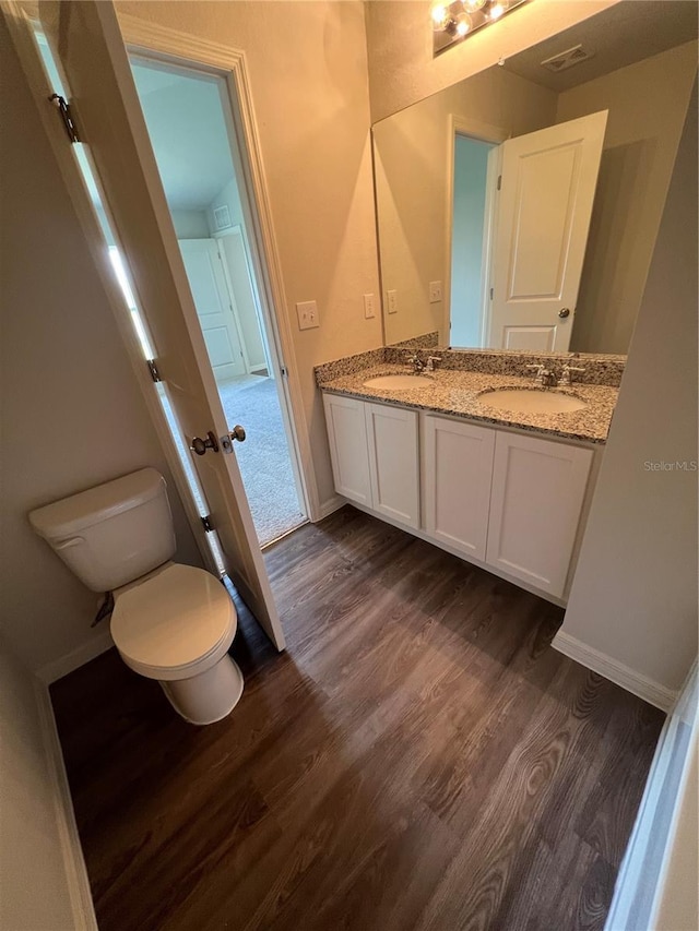 bathroom featuring vanity, wood-type flooring, and toilet