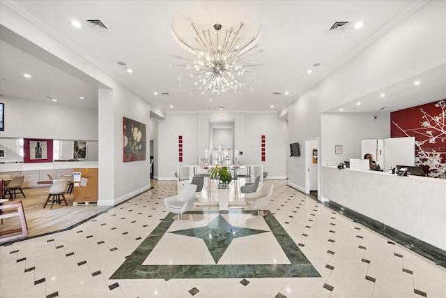 reception area with an inviting chandelier