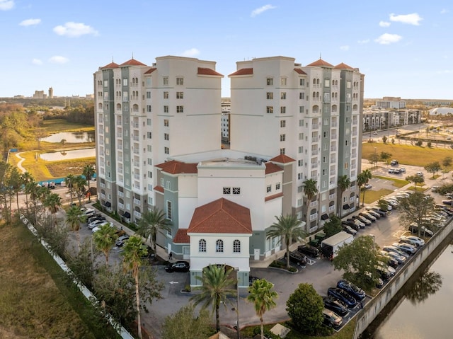 view of building exterior featuring a water view