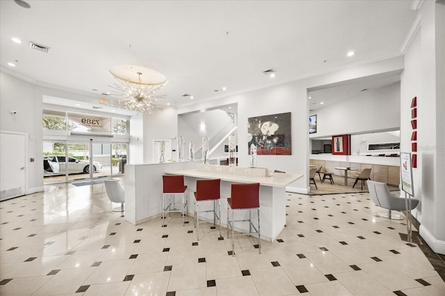 interior space with crown molding, light tile patterned floors, recessed lighting, and visible vents