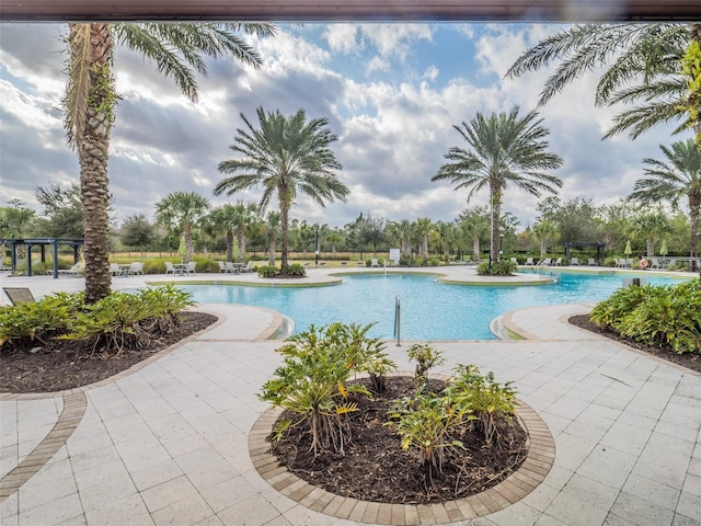 view of swimming pool with a patio area