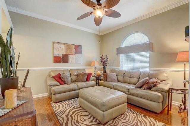 living room with light hardwood / wood-style floors, ceiling fan, and ornamental molding