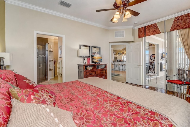 bedroom with ceiling fan and ornamental molding