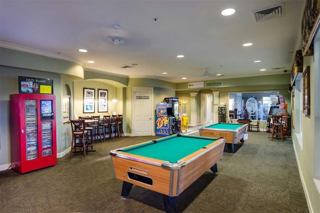 game room featuring dark carpet, crown molding, and pool table