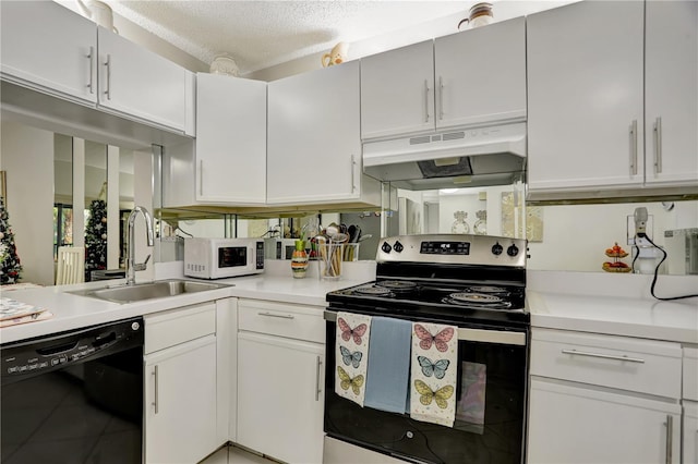 kitchen featuring white cabinets, a textured ceiling, sink, dishwasher, and stainless steel electric range