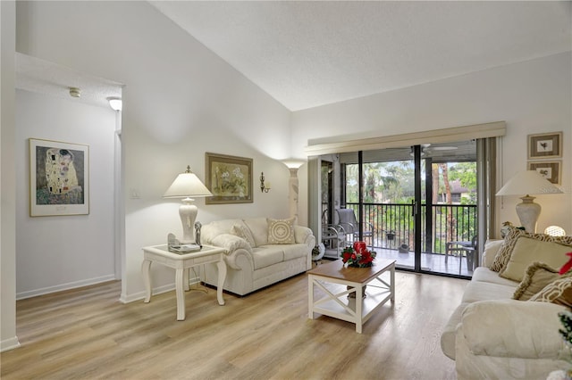 living room featuring lofted ceiling and light wood-type flooring