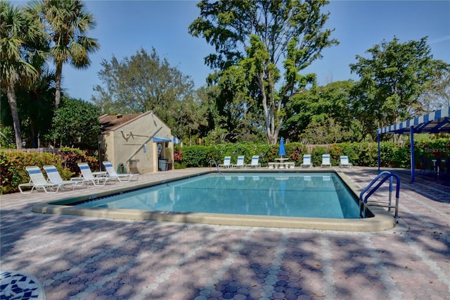 view of swimming pool featuring a patio area