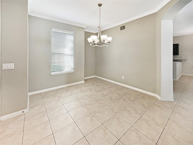 tiled empty room with ornamental molding and a notable chandelier