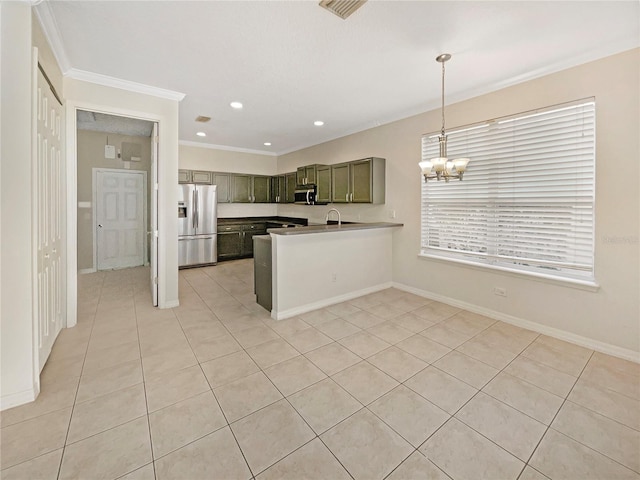 kitchen with pendant lighting, a notable chandelier, light tile patterned flooring, kitchen peninsula, and stainless steel appliances