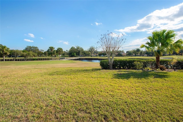 view of home's community with a water view and a yard