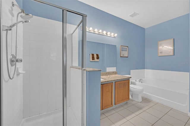 full bathroom featuring tile patterned flooring, vanity, separate shower and tub, and toilet