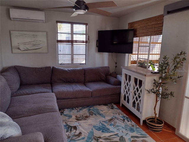 living room featuring tile patterned flooring, ceiling fan, and a wall mounted AC