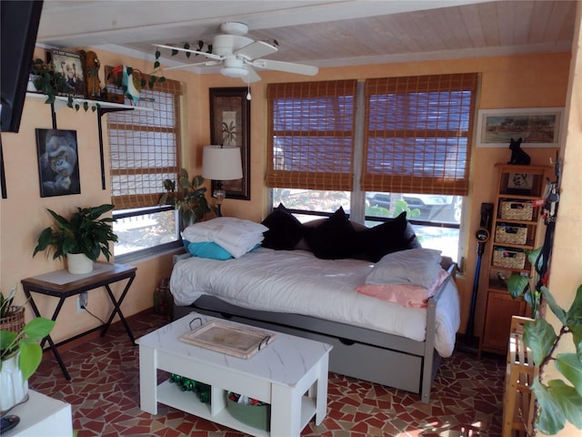 bedroom featuring ceiling fan and wood ceiling